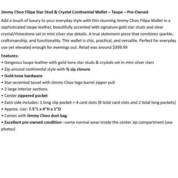 Jimmy Choo Filipa Star Stud & Crystal Continental Wallet – Taupe – Pre-Owned - Picture 2 of 12